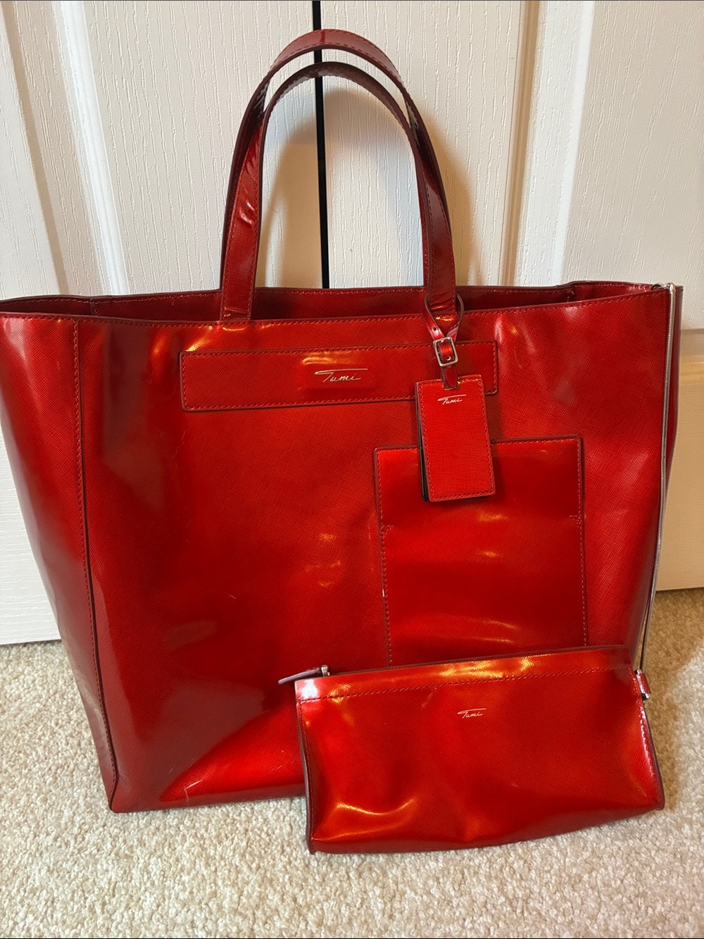 Tumi Red Patent Boulevard Magazine Tote w Attached Bag